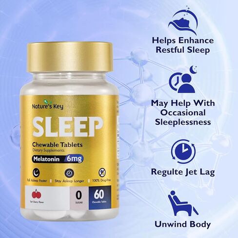 Nature's Key Melatonin 6mg Chewable Tablets, Sugar Free | Promotes Restful Sleep & Sleep Faster | Non-Habit Forming, with 6mg Vitamin B6 | 60 Tablets (Yummy Tart Cherry Flavor) in Kuwait