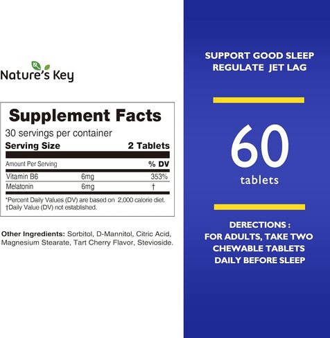 Nature's Key Melatonin 6mg Chewable Tablets, Sugar Free | Promotes Restful Sleep & Sleep Faster | Non-Habit Forming, with 6mg Vitamin B6 | 60 Tablets (Yummy Tart Cherry Flavor) in Kuwait