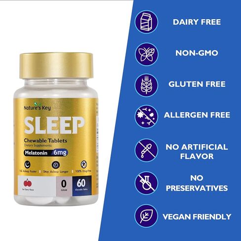 Nature's Key Melatonin 6mg Chewable Tablets, Sugar Free | Promotes Restful Sleep & Sleep Faster | Non-Habit Forming, with 6mg Vitamin B6 | 60 Tablets (Yummy Tart Cherry Flavor) in Kuwait