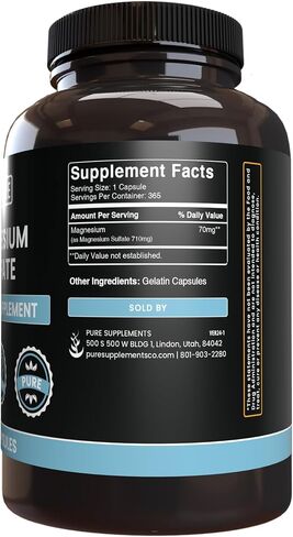 Pure Original Ingredients Magnesium Sulfate (365 Capsules) No Rice Fillers, Always Pure, Lab Verified in Saudi Arabia