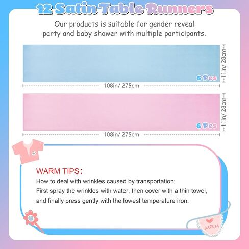 12 Pcs Pink Blue Table Runner, 108 Inch Satin Table Runner for Baby Shower Gender Reveal Baby Blue Pink Silk Satin Table Runner for New Year Valentines Day Wedding Banquet Birthday Party in Saudi Arabia
