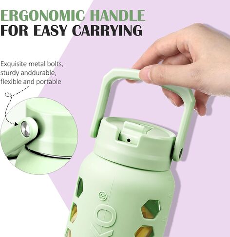 MUKOKO 64 oz Glass Water Bottle with Time Marker and 2 Lids, 2 Liter Half Gallon Large Water Bottle with Straw, Big Glass Water Jug with Sleeve -Light Amber in Kuwait