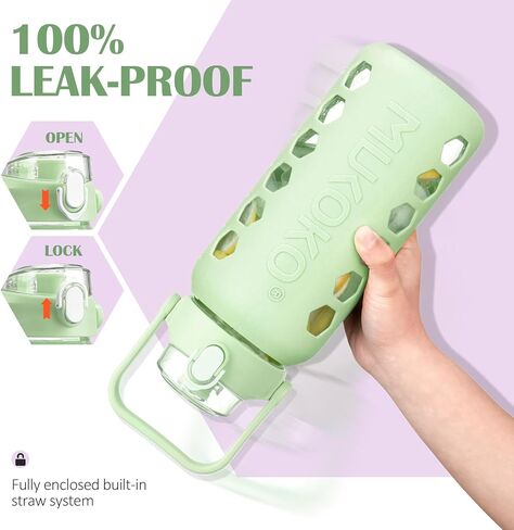 MUKOKO 64 oz Glass Water Bottle with Time Marker and 2 Lids, 2 Liter Half Gallon Large Water Bottle with Straw, Big Glass Water Jug with Sleeve -Light Amber in Kuwait