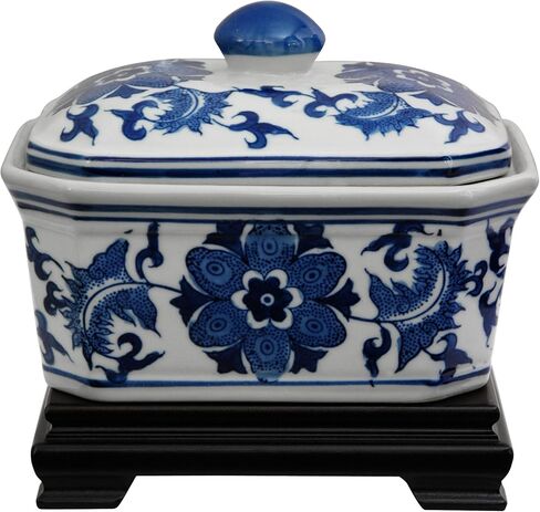 Oriental Furniture 8" Floral Blue & White Porcelain Covered Jar in Saudi Arabia