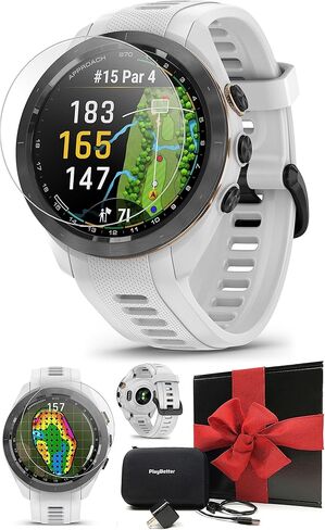 ساعة Garmin Approach S70 (أسود، 47 ملم) للجولف GPS - شاشة AMOLED، علبة افتراضية ومسافة Playslike - حزمة صندوق هدايا مع واقيات شاشة PlayBetter، ومحول حائط وحافظة صلبة in Saudi Arabia