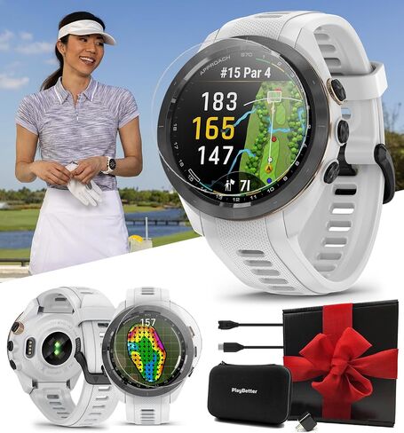 ساعة Garmin Approach S70 (أسود، 47 ملم) للجولف GPS - شاشة AMOLED، علبة افتراضية ومسافة Playslike - حزمة صندوق هدايا مع واقيات شاشة PlayBetter، ومحول حائط وحافظة صلبة in Saudi Arabia