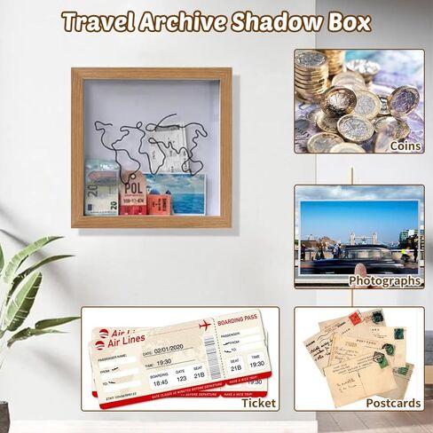 Travel Adventure Archive Box, 12Inch Wooden Travel Shadow Box for Concert Travel Ticket Stub, Adventure Archive Box with Slot On Top for Travel Memories in Kuwait