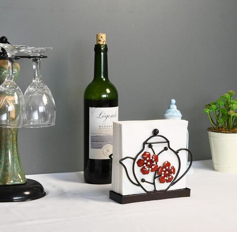 Art Décor Metal Napkin Holder for Dining Table, Upright Napkin Storage Kitchen & Countertop, Teapot & Flower Addition Tabletop Napkin Organizer & Letter Holder for Restaurant Coffee Shop, Dining Room in Saudi Arabia