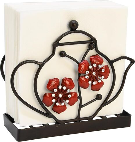 Art Décor Metal Napkin Holder for Dining Table, Upright Napkin Storage Kitchen & Countertop, Teapot & Flower Addition Tabletop Napkin Organizer & Letter Holder for Restaurant Coffee Shop, Dining Room in Saudi Arabia