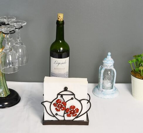 Art Décor Metal Napkin Holder for Dining Table, Upright Napkin Storage Kitchen & Countertop, Teapot & Flower Addition Tabletop Napkin Organizer & Letter Holder for Restaurant Coffee Shop, Dining Room in Saudi Arabia