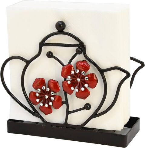 Art Décor Metal Napkin Holder for Dining Table, Upright Napkin Storage Kitchen & Countertop, Teapot & Flower Addition Tabletop Napkin Organizer & Letter Holder for Restaurant Coffee Shop, Dining Room in Saudi Arabia