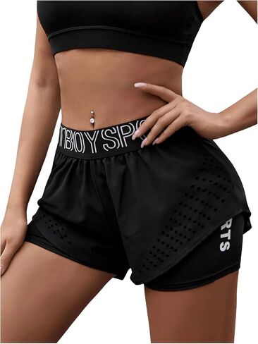 Verdusa Women's Athletic Shorts High Waisted Letter Print Workout 2 in 1 Shorts in Saudi Arabia