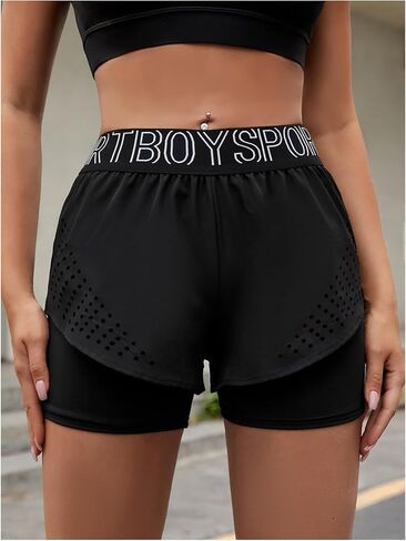 Verdusa Women's Athletic Shorts High Waisted Letter Print Workout 2 in 1 Shorts in Saudi Arabia