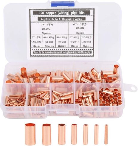 Copper Tube Connector Kits, 250Pcs 7 Sizes Small Copper Connecting Tube Terminal Connecting Set Wire Hardware Supplies Fasteners for Generators Communication Cables Wire Connection in Saudi Arabia