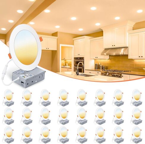 VOLISUN 24 Pack 6 inch Recessed Lighting, 5CCT Ultra-Thin LED Recessed Light with Junction Box, 2700K-5000K Selectable, 1080Lumen Dimmable Canless Wafer Downlight, LED Ceiling Light ETL Certificated in Saudi Arabia