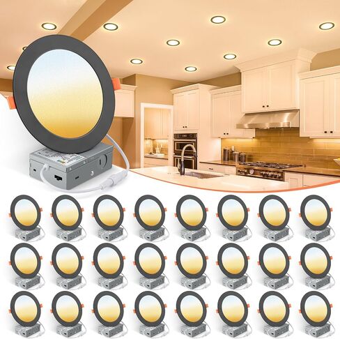 VOLISUN 24 Pack 6 inch Recessed Lighting, 5CCT Ultra-Thin LED Recessed Light with Junction Box, 2700K-5000K Selectable, 1080Lumen Dimmable Canless Wafer Downlight, LED Ceiling Light ETL Certificated in Saudi Arabia