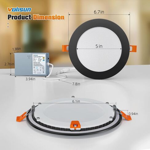 VOLISUN 24 Pack 6 inch Recessed Lighting, 5CCT Ultra-Thin LED Recessed Light with Junction Box, 2700K-5000K Selectable, 1080Lumen Dimmable Canless Wafer Downlight, LED Ceiling Light ETL Certificated in Saudi Arabia