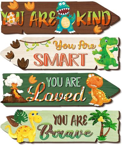 4 Pieces Dinosaur Room Decor Boys Wood Dinosaur Sign Wall Art Decors Watercolor Dinosaur Wooden Hanging Wall Prints Plaques Motivational Quote Room Decor for Kids Bedroom Nursery Playroom Decorations in Saudi Arabia
