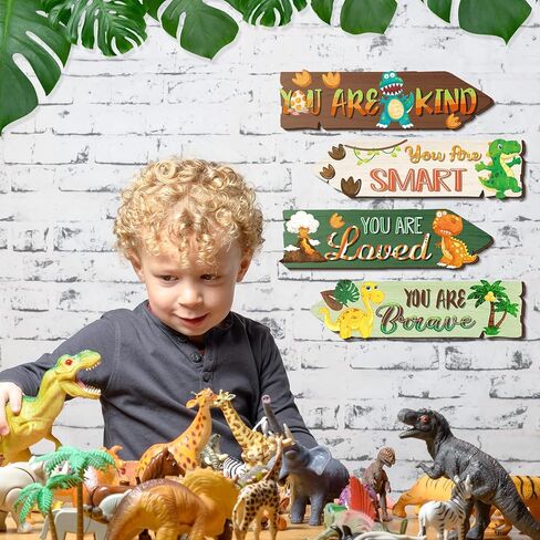 4 Pieces Dinosaur Room Decor Boys Wood Dinosaur Sign Wall Art Decors Watercolor Dinosaur Wooden Hanging Wall Prints Plaques Motivational Quote Room Decor for Kids Bedroom Nursery Playroom Decorations in Saudi Arabia