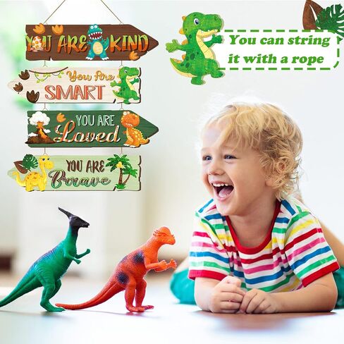 4 Pieces Dinosaur Room Decor Boys Wood Dinosaur Sign Wall Art Decors Watercolor Dinosaur Wooden Hanging Wall Prints Plaques Motivational Quote Room Decor for Kids Bedroom Nursery Playroom Decorations in Saudi Arabia