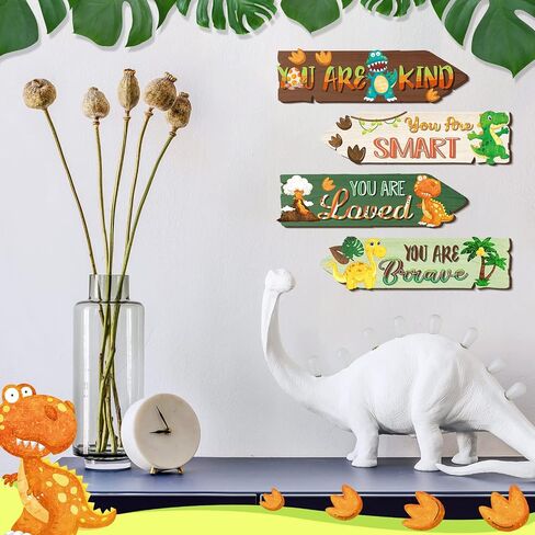 4 Pieces Dinosaur Room Decor Boys Wood Dinosaur Sign Wall Art Decors Watercolor Dinosaur Wooden Hanging Wall Prints Plaques Motivational Quote Room Decor for Kids Bedroom Nursery Playroom Decorations in Saudi Arabia