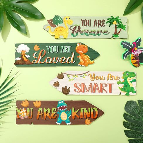 4 Pieces Dinosaur Room Decor Boys Wood Dinosaur Sign Wall Art Decors Watercolor Dinosaur Wooden Hanging Wall Prints Plaques Motivational Quote Room Decor for Kids Bedroom Nursery Playroom Decorations in Saudi Arabia