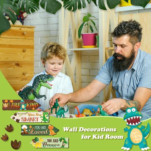 4 Pieces Dinosaur Room Decor Boys Wood Dinosaur Sign Wall Art Decors Watercolor Dinosaur Wooden Hanging Wall Prints Plaques Motivational Quote Room Decor for Kids Bedroom Nursery Playroom Decorations in Saudi Arabia