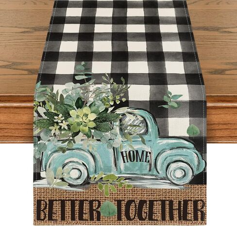 Artoid Mode Buffalo Plaid Eucalyptus Truck Spring Table Runner, Summer Seasonal Kitchen Dining Table Decoration for Home Party Decor 13x72 Inch in Saudi Arabia