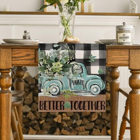 Artoid Mode Buffalo Plaid Eucalyptus Truck Spring Table Runner, Summer Seasonal Kitchen Dining Table Decoration for Home Party Decor 13x72 Inch in Saudi Arabia
