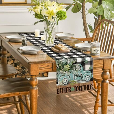 Artoid Mode Buffalo Plaid Eucalyptus Truck Spring Table Runner, Summer Seasonal Kitchen Dining Table Decoration for Home Party Decor 13x72 Inch in Saudi Arabia