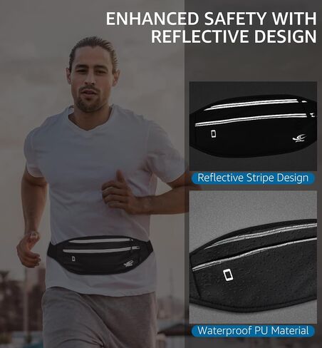 HiRui Fanny Pack للرجال والنساء، حزام خصر قابل للتعديل للتمرين وحزام جري عاكس للرياضة والتمرين وركوب الدراجات والمشي لمسافات طويلة، محفظة هاتف كاجوال بدون استخدام اليدين تناسب جميع الهواتف (أسود) in Kuwait