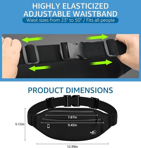 HiRui Fanny Pack للرجال والنساء، حزام خصر قابل للتعديل للتمرين وحزام جري عاكس للرياضة والتمرين وركوب الدراجات والمشي لمسافات طويلة، محفظة هاتف كاجوال بدون استخدام اليدين تناسب جميع الهواتف (أسود) in Kuwait