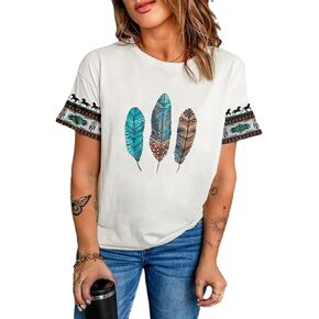 Female Aztec Shirt Retro Geometry Print Crew Casual Short Sleeve Western Style Loose T -Shirt Ladies
