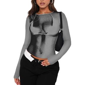 Womens Slim Fit 3D Body Print Long Sleeve Sexy Crop Tops Solid Color Basic Crewneck Tight Shirt Goting Out Streetwear