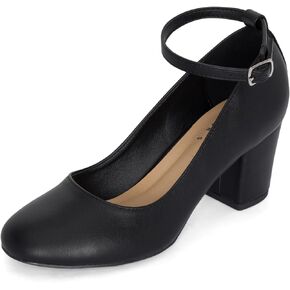 STYLISH S Hype ~ Women's Closed Round Toe Adjustable Ankle Strap Low Chuncky Block Heel Pumps Shoes