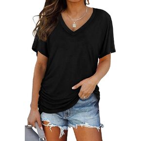 Women's V Neck T Shirts Short Sleeve Summer Casual Loose Dolman Tops with Side Shirring
