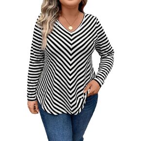 SweatyRocks Women's Plus Size Striped Color Block Long Sleeve Tee Top V Neck Curved Hem Stretchy T Shirts