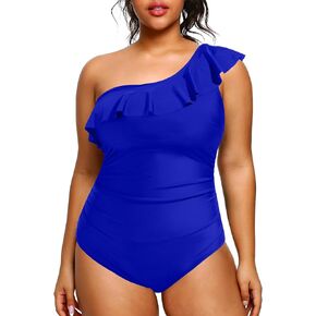 Aqua Eve Plus Size Bathing Suits for Women One Piece Swimsuits One Shoulder Ruffle Tummy Control Swimwear