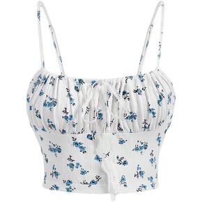 MakeMeChic Women's Ditsy Floral Print Ruched Bust Tie Front Ribbed Knit Summer Shirts Crop Cami Top
