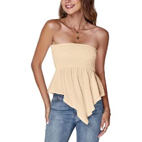 LYANER Women's Strapless Pleated Ruffle Hem Shirred Bandeau Sleeveless Tank Tube Top
