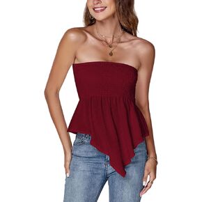 LYANER Women's Strapless Pleated Ruffle Hem Shirred Bandeau Sleeveless Tank Tube Top