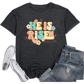 Women He is Risen Shirt ：Christian Tshirt Easter Inspirational Short Sleeve Tee Top
