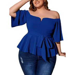 Floerns Women's Plus Size Off Shoulder Ruffle Short Sleeve Belted Peplum Tee Shirt