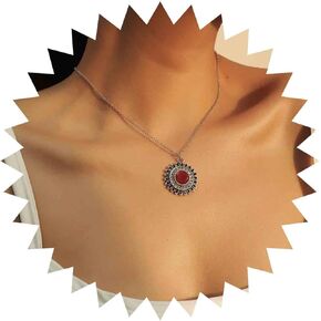 Andelaisi Boho Sun Choker Necklace Silver Enamel Sun Necklace Choker Vintage Sunflower Pendant Necklace Red Ruby Crystal Sun Necklace Jewelry for Women and Girls