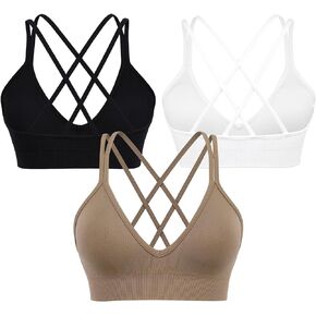 VEQKING Strappy Women Sports Bra V-Neck Criss Cross Back Padded Yoga Bra Seamless Workout Bras Spaghetti Strap Bralettes