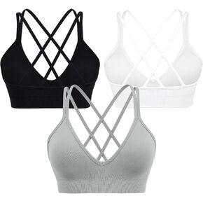 VEQKING Strappy Women Sports Bra V-Neck Criss Cross Back Padded Yoga Bra Seamless Workout Bras Spaghetti Strap Bralettes in Kuwait