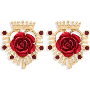 Flower Stud Earrings for Women Girls Exaggerated Elegant 18k Gold Plated Crown Red Rose Flower Floral Earrings Enamel Flower Stud Earrings Mothers Day Valentine's Day Jewelry Gift