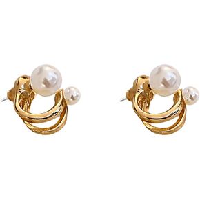 Double Pearl Stud Earrings for Women Girls 925 Sterling Silver Post Pin Gold Plated Imitation Pearls Layered Hoop Jacket Ear Studs Hypoallergenic Unique Birthday Christmas Mother's Day Jewelry Gifts