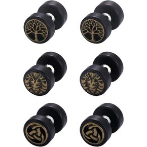 Cupimatch 3 Pairs Wood Tree of Life Celtic Knot Lion Head Studs Earrings, 10mm Gauges Cheater Fake Illusion Screw Ear Piercing Plugs Tunnel Earrings