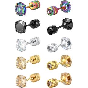 5 PACK Titanium Studs Earrings Screw Back for Women Men Stainless Steel Hypoallergenic Tiny Cubic Zirconia Tragus 20G Piercing for Sensitive Ears Simulated Diamond Cartilage Titanium Earrings Rainbow